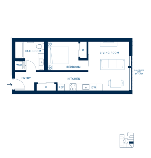 Floor plan for studio, 1 bath, 530 sqft